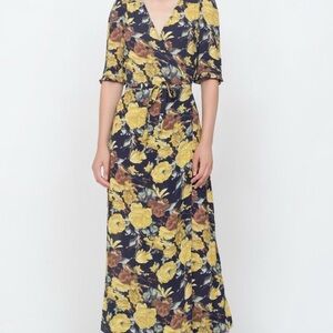 Sea New York Ella Floral Maxi Wrap Dress in Yellow and Navy